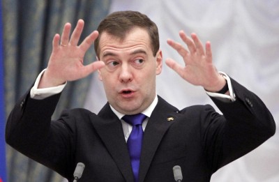 Russia's President Medvedev gestures as he delivers a speech during an awards ceremony at the Kremlin in Moscow